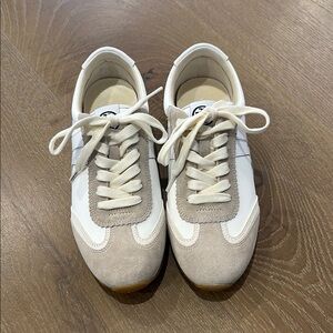 Stylish White and Tan Sneakers